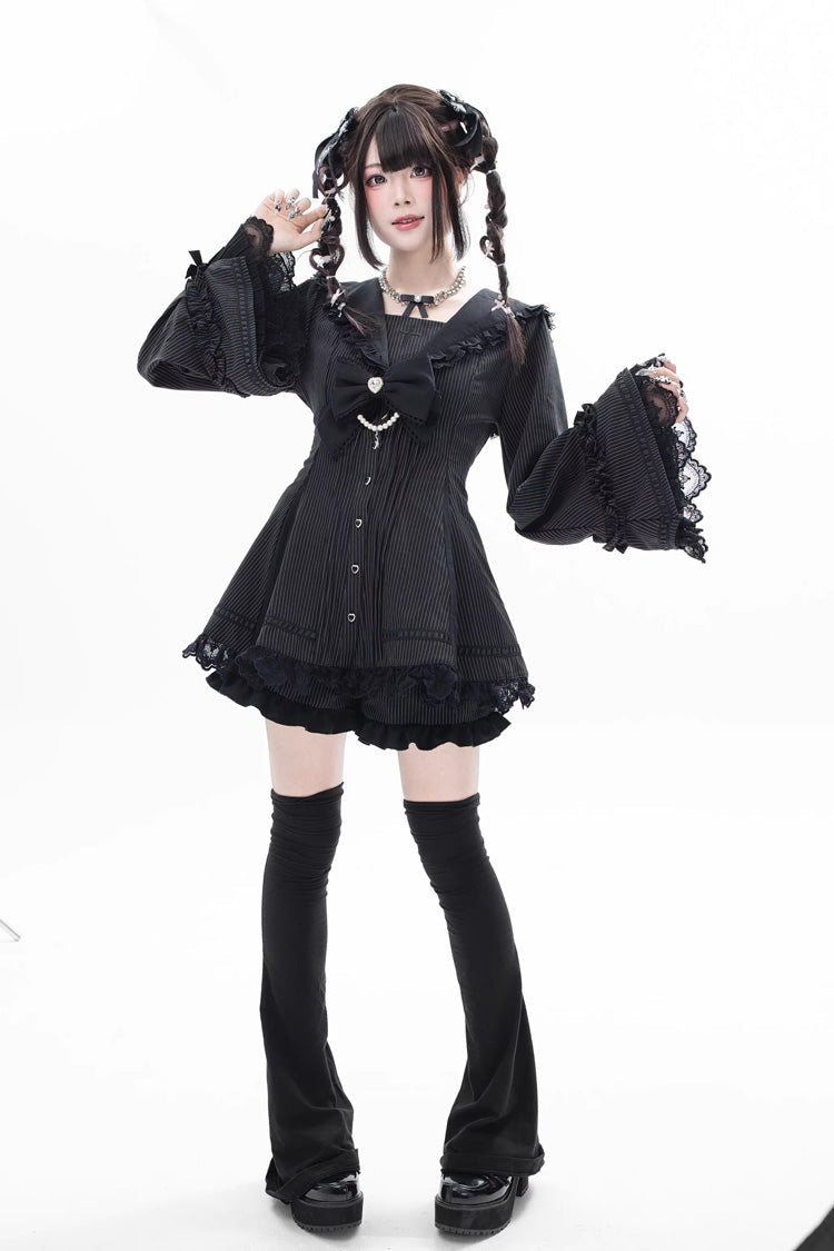 Square Collar Long Sleeves Bow Lace Pearl-Decorated Sweet Jirai Kei Dress and Short Set