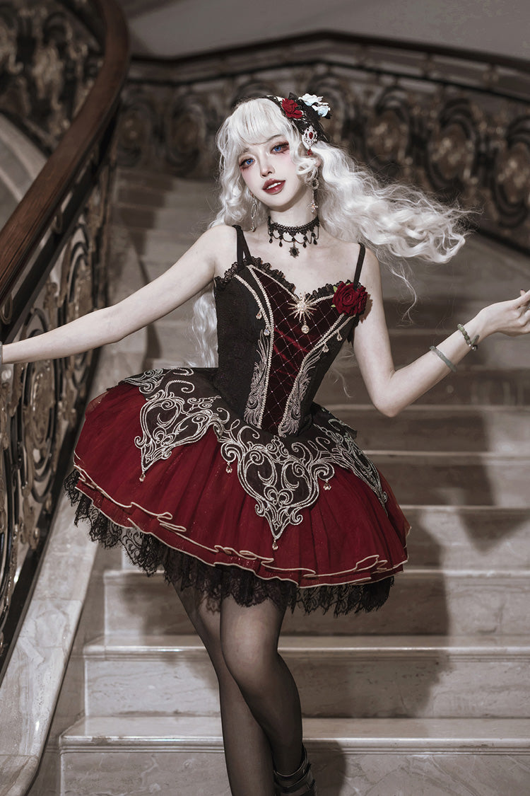 Black Red Blood Clan Feast Ruffle Embroidery Lace Gothic JSK Set