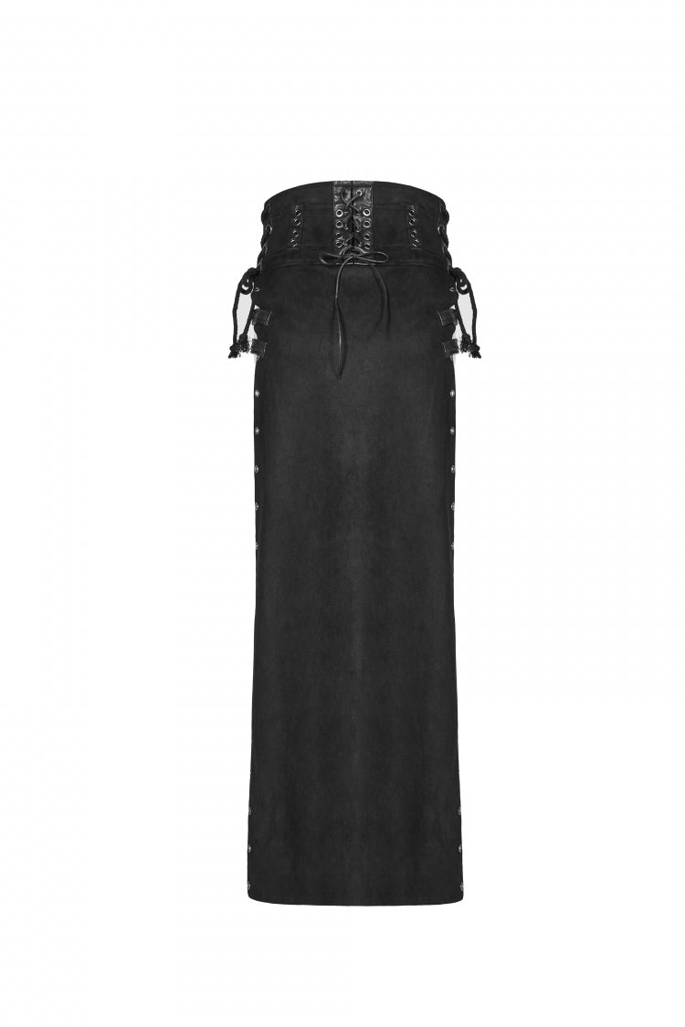 Steampunk Lace-Up Skirt with Sheer Panels and Metal Buckles