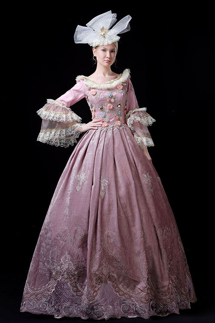 Pink Multi-Layer Trumpet Sleeve Victorian Gown - 3D Flower Embroidery
