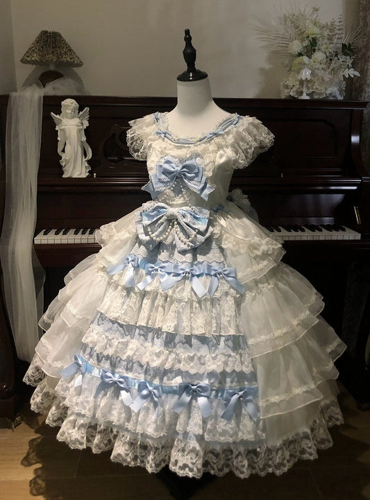 Dress Hime Tiered Skirt Lolita Bows and Hanayome White Blue Decoration