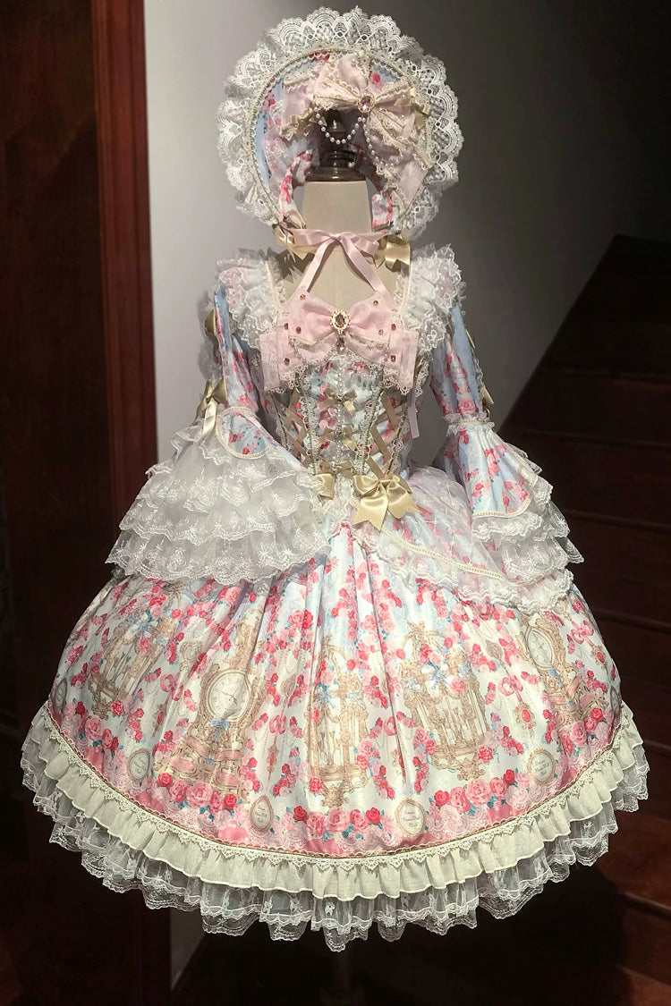 Blue/Pink [Rose Garden Prelude] Square Collar Long Trumpet Sleeves Printed Ruffled Bow Lace Lace-Up Sweet Lolita Dress