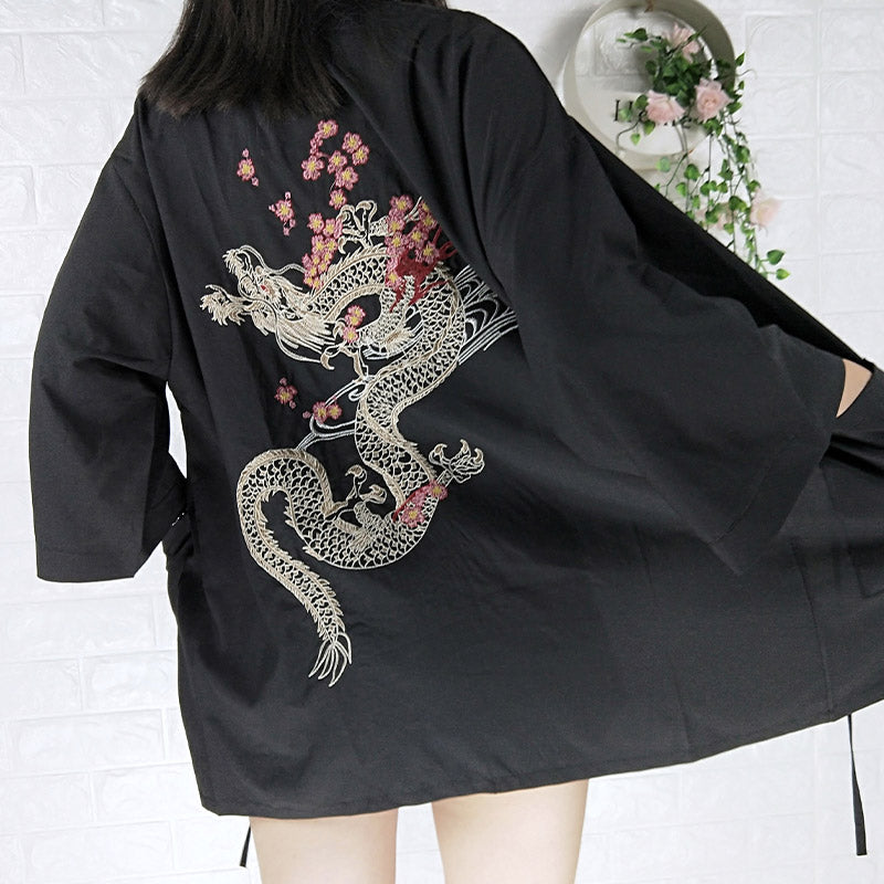 Black Dragon Chinese Embroidery Kimono Outerwear Sun Protective