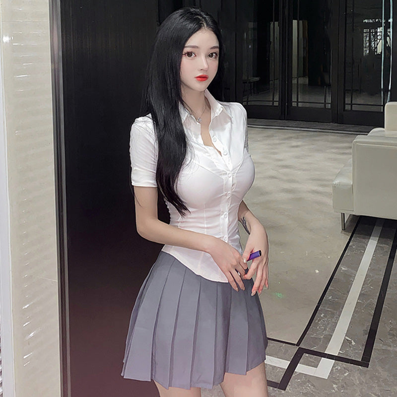 Pure Color Lapel T-Shirt Pleated Skirt Set