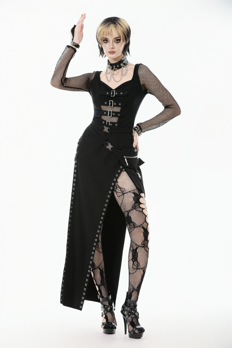 Long-Sleeve Punk Top with Buckled Straps and Mesh Panels