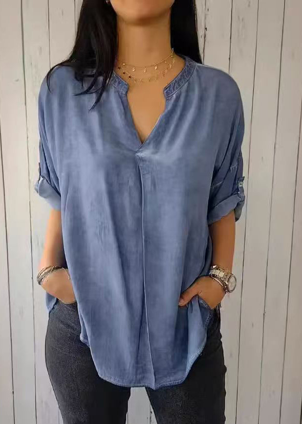 Short V Solid Sleeve Green Neck 2025 Shirt