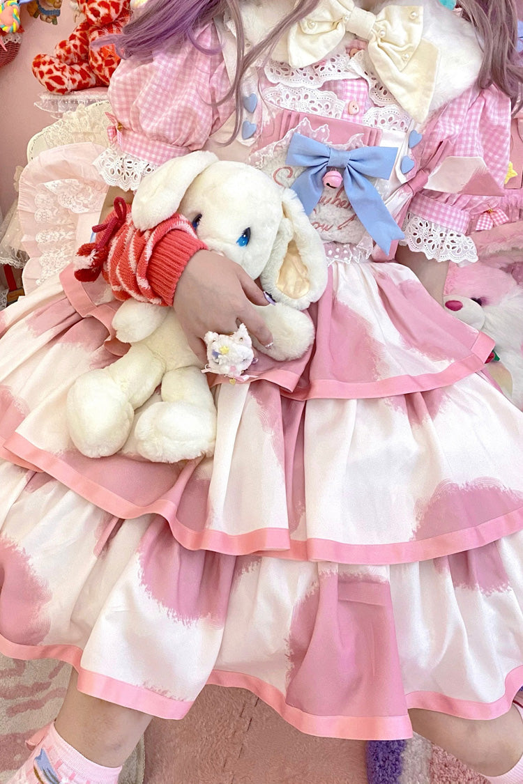 Pink Sleeveless Triple Layer Cow Print Ruffle Bow Sweet Jsk