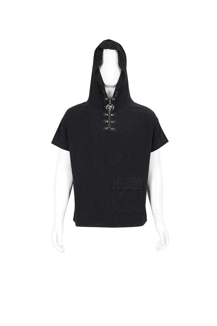 Men's Punk T-Shirt with Hooded Mesh Splice Zipper Back Openwork Lace-Up Casual Short Sleeve
