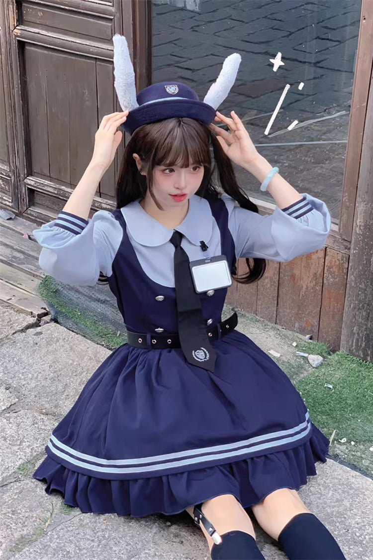 Blue Rabbit Officer Long Sleeves Printed Ruffled Faux Two-Piece College Style Sweet Dress