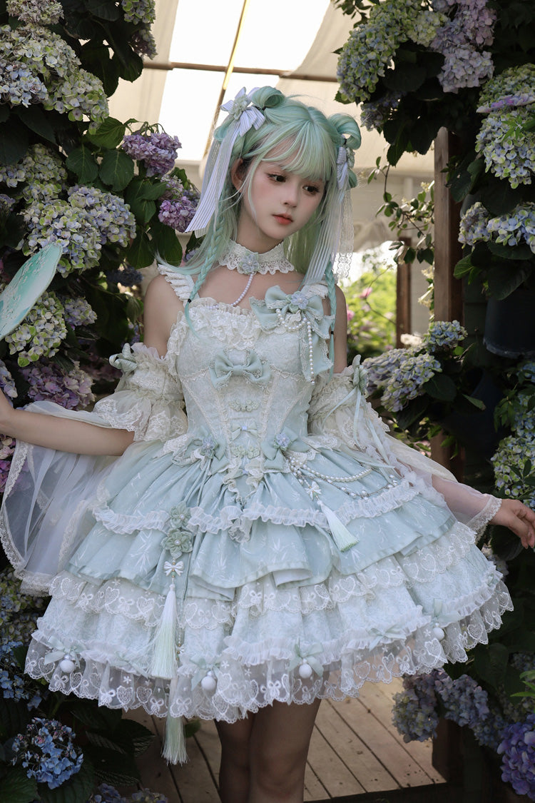 Green [Prelude of Spring Cherry] Square Collar Sleeveless Multi-Layered Jacquard Ruffled Bow Lace Pearl-Decorated Sweet Lolita Jsk Dress