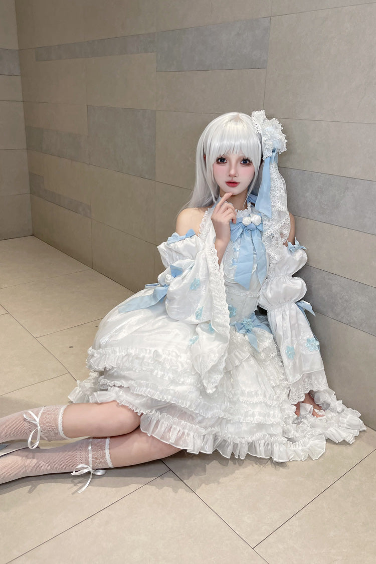 White Detachable Trumpet Sleeve Triple Ruffle Bow Lace Sweet Dress