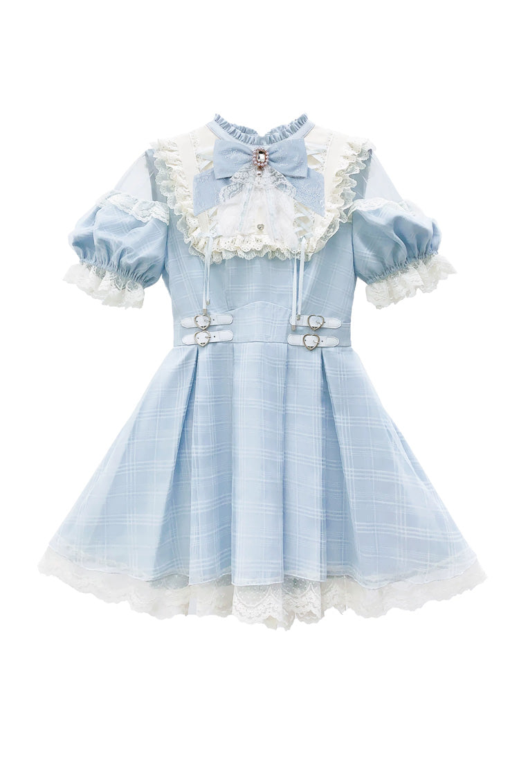 Blue/Aqua Short Sleeves Plaid Printed Ruffled Lace Sweet Jirai Kei Japanese Lolita Dress
