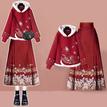 Red Flower Embroideried Hoodie High Waist Pleated Skirt