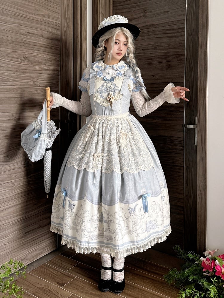 Floral Blue Lolita Jumper Skirt Print and Titmouse