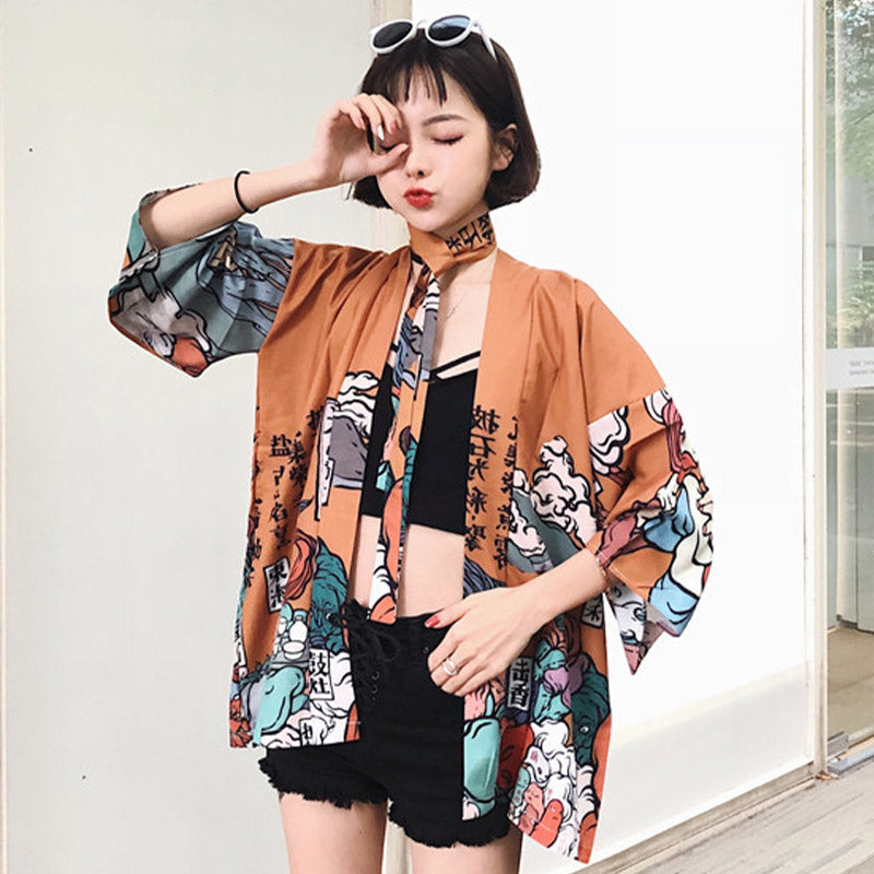 Cartoon Fire Print Casual Vintage Kimono Outerwear