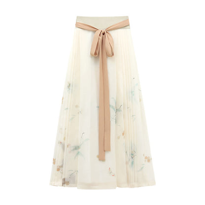 Sweet Puff Sleeve Shirt Floral Print Pleated Midi Skirt