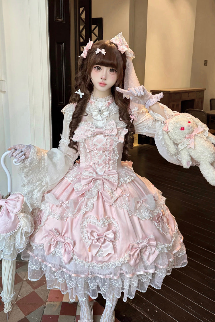 Blush Sleeveless Embroidered Lace-Up Bow Lolita JSK - Sweetheart