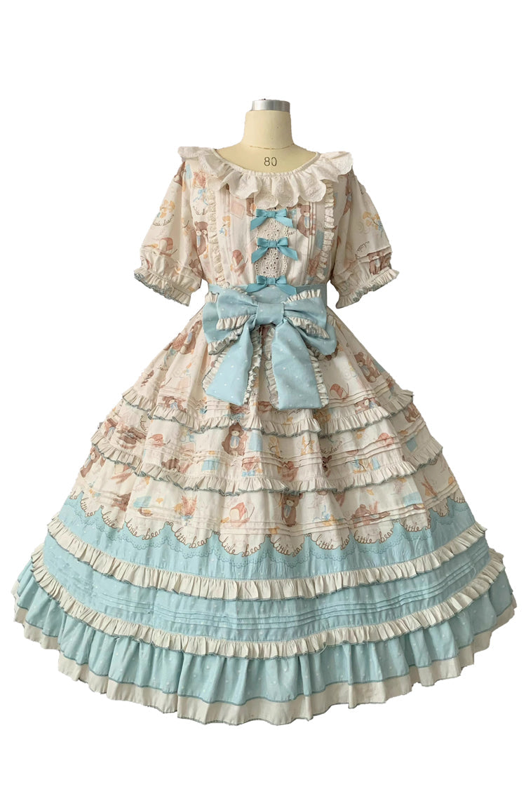 Harvest Bear Print Short Sleeve Layered Ruffle Bow Plus Size Lolita Gown