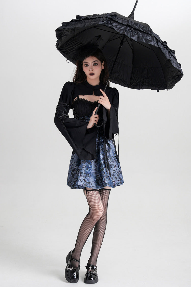 Blue Sleeveless Jacquard Printed Spliced Lace-Up Gothic Vintage Lolita Jsk Dress