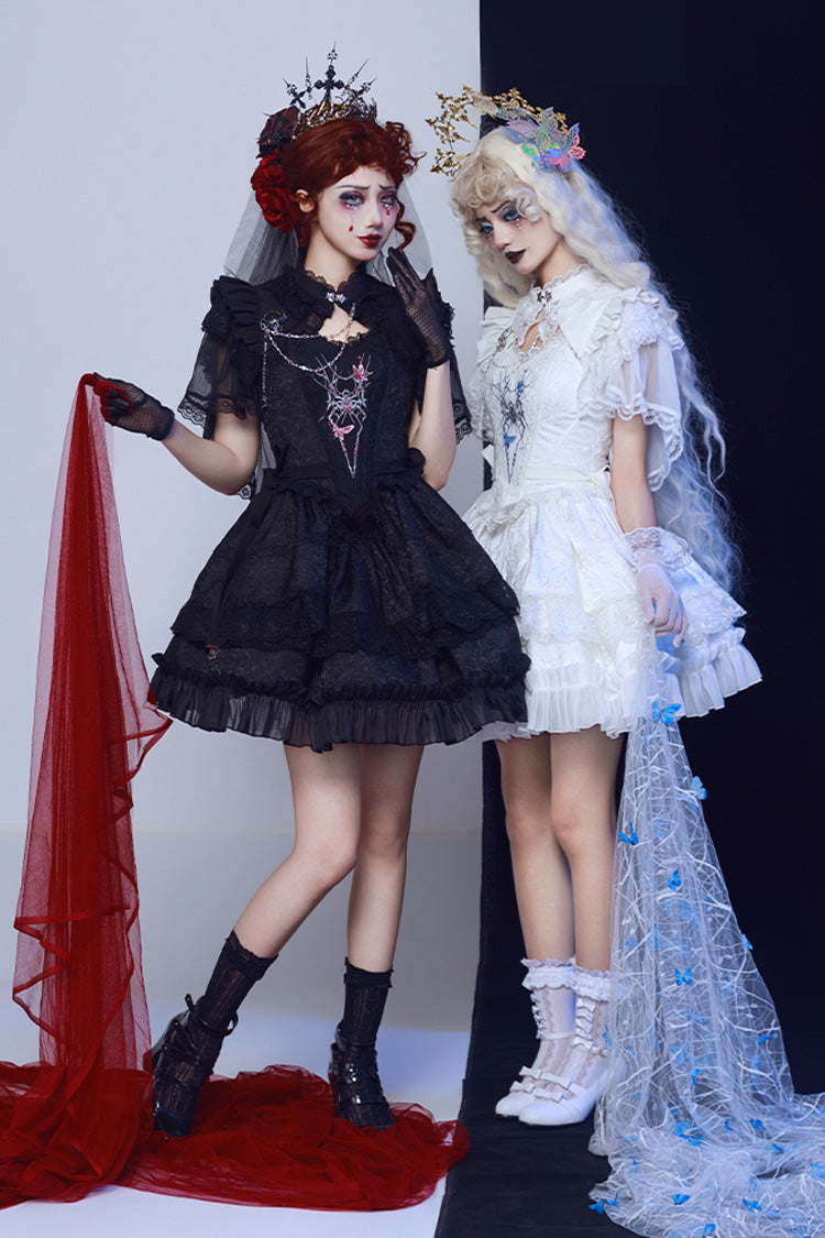 White Sleeveless Gothic Lace Skirt Set with Spider Bow