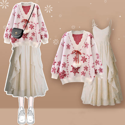 Snowflake Print Fuzzy Ball Sweater Flouncing Slip Dress