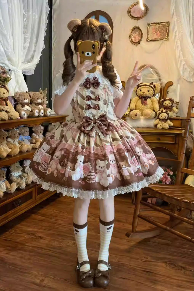 Chocolate Brownie Sleeveless Printed Ruffled Bow Lace Sweet Strap Dress