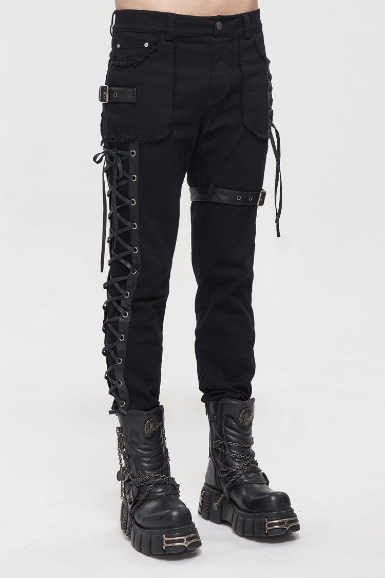 Carbon Lace-Up Leg Loops Punk Trousers for Men