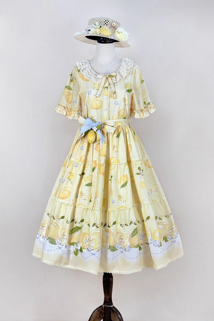 Lemon Chicken Print Short Sleeve Ruffled Bow Lace Daily Sweet Lolita Dress - Yellow