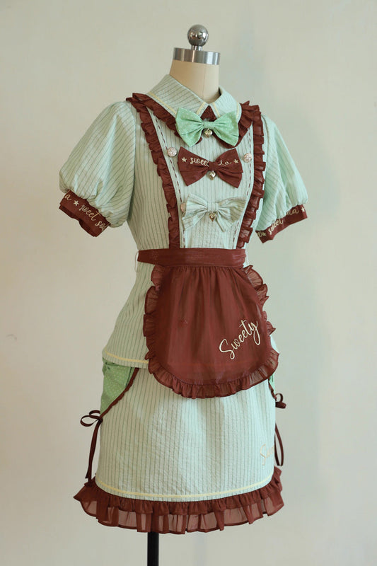 Green Sweet Soda Short Sleeves Print Ruffle Apron Vintage Skirt Set