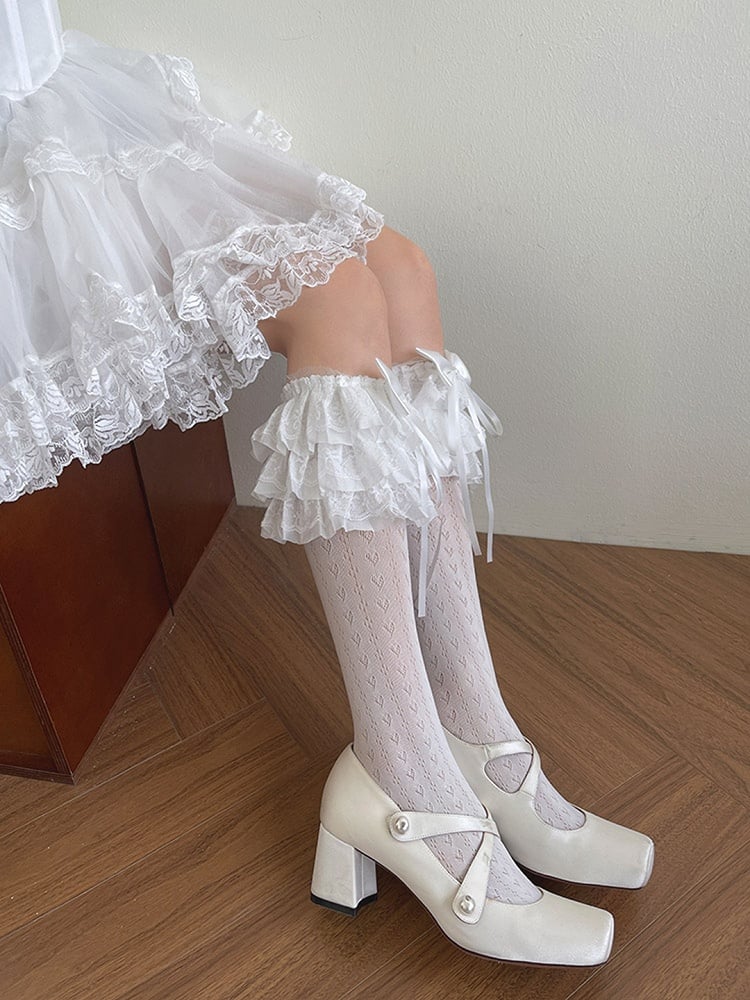 Heart Trims Print White/Black Underknee Stockings Lace Ruffle Bowknot