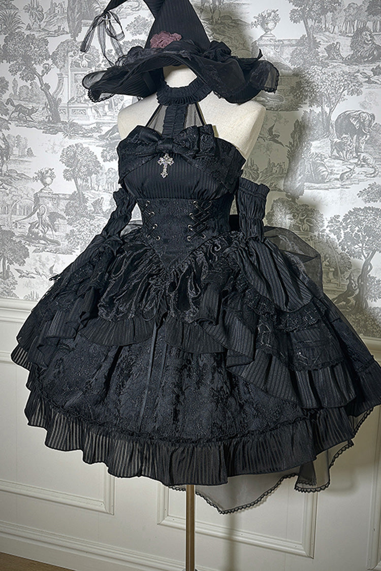 Solid Halterneck Ruffled Bowknot Drawstring Gothic Lolita Dress