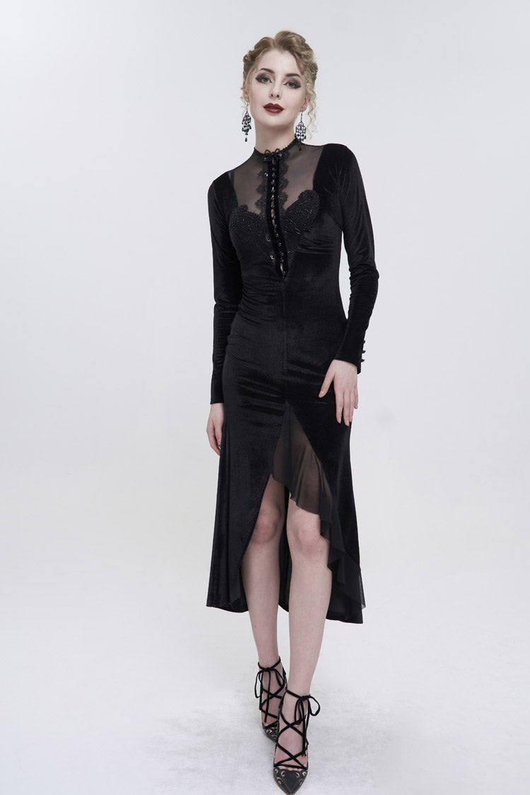 High Collar Paisley Lace Mesh Dress with Asymmetric Hem - Black Gothic