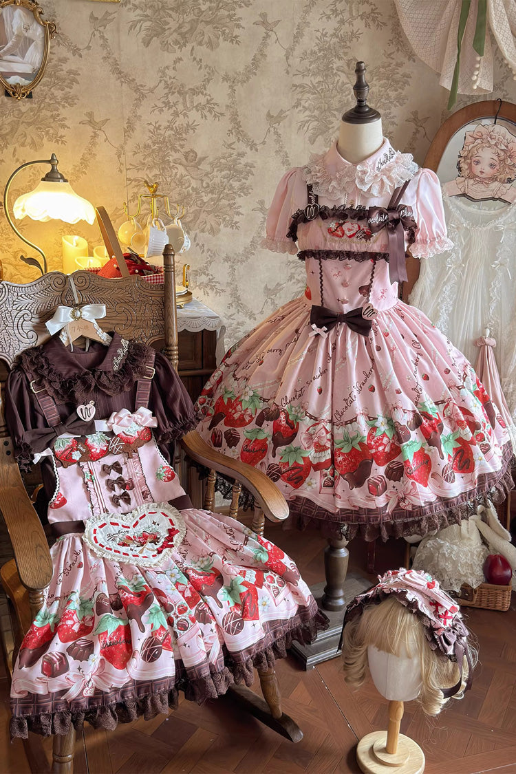 Chocolate Lover Square Collar Printed Bow Lace Sweet Lolita Dress