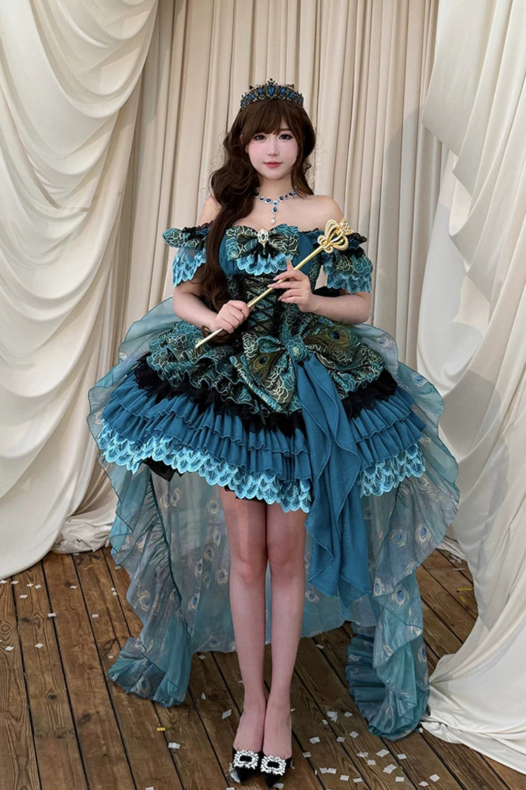 Blue/Green [Peacock Spirit Princess] Sleeveless Multi-Layered Ruffled Bow Lace-Up Classic Elegant Lolita Jsk Dress