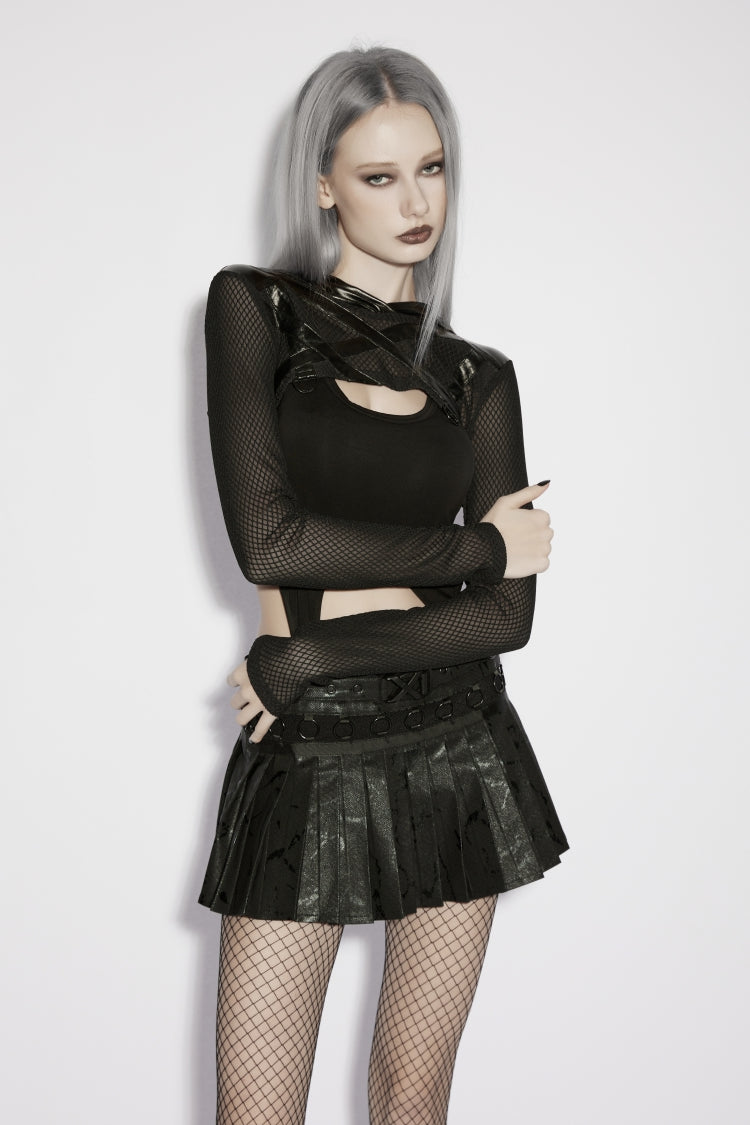 Punk Sheer Mesh Eyelet Hooded Cloak for Women with Handsome Style