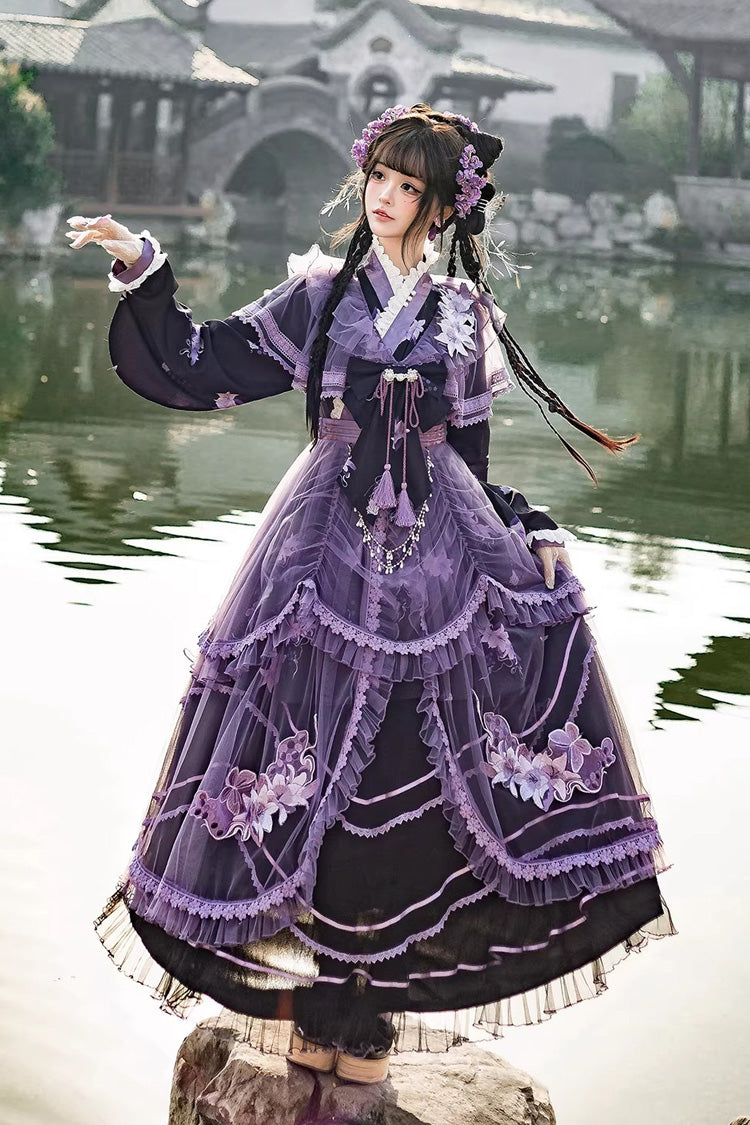 Stand Collar Long Sleeves Ruffled Embroidered Bow Classic Chinese Elegant Lolita Dress Set