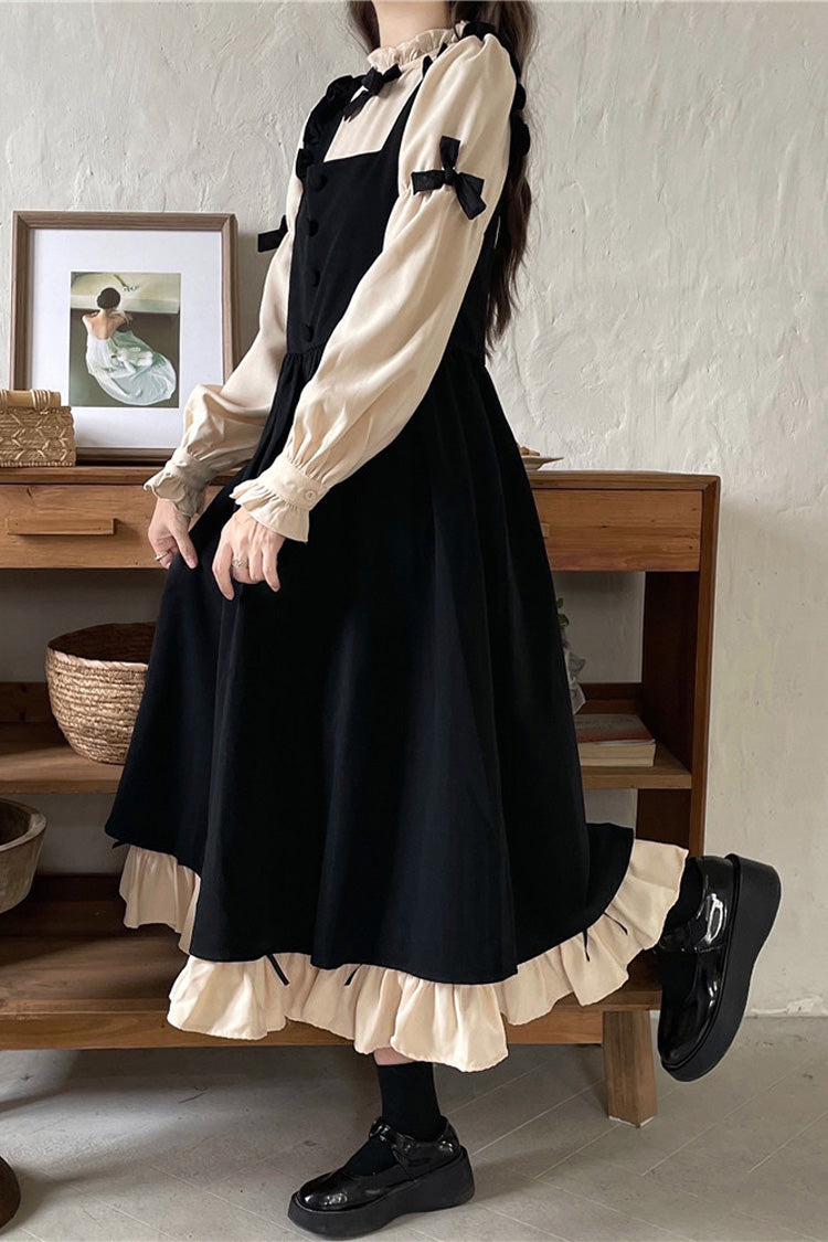Noir/Apricot Puff Sleeve Bow Ruffle Sweet Dress - Japanese Style