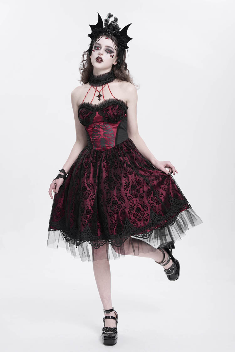 Crimson Halterneck Skeleton Print Embroidered Stitching Lace Gothic Gown