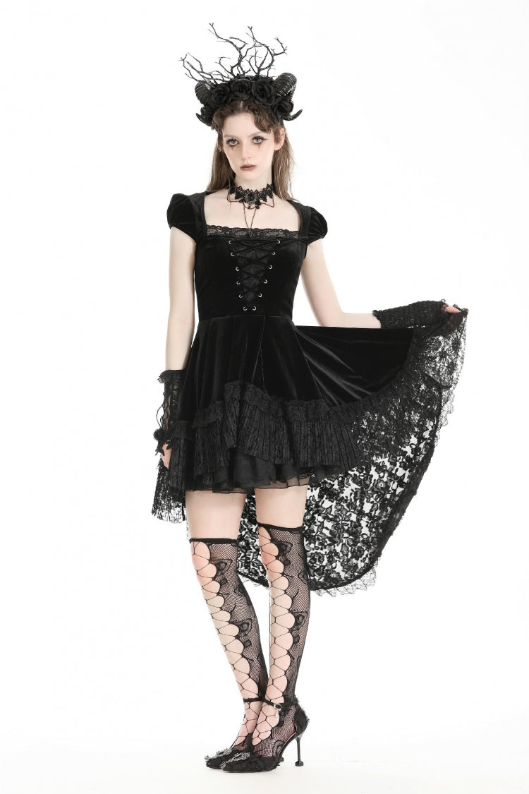 Noir Gothic Velvet Gown with Lace-Up and Square Neckline
