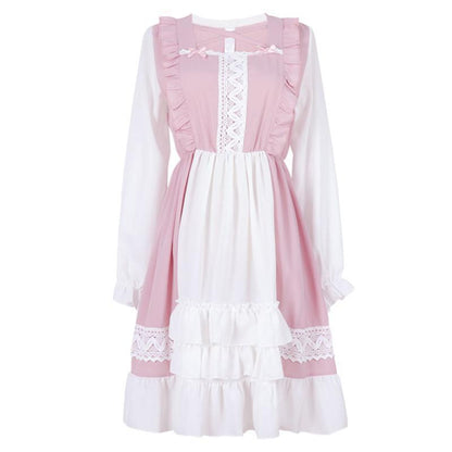 Sweet Pink Ruffle Hem Stitching Dress