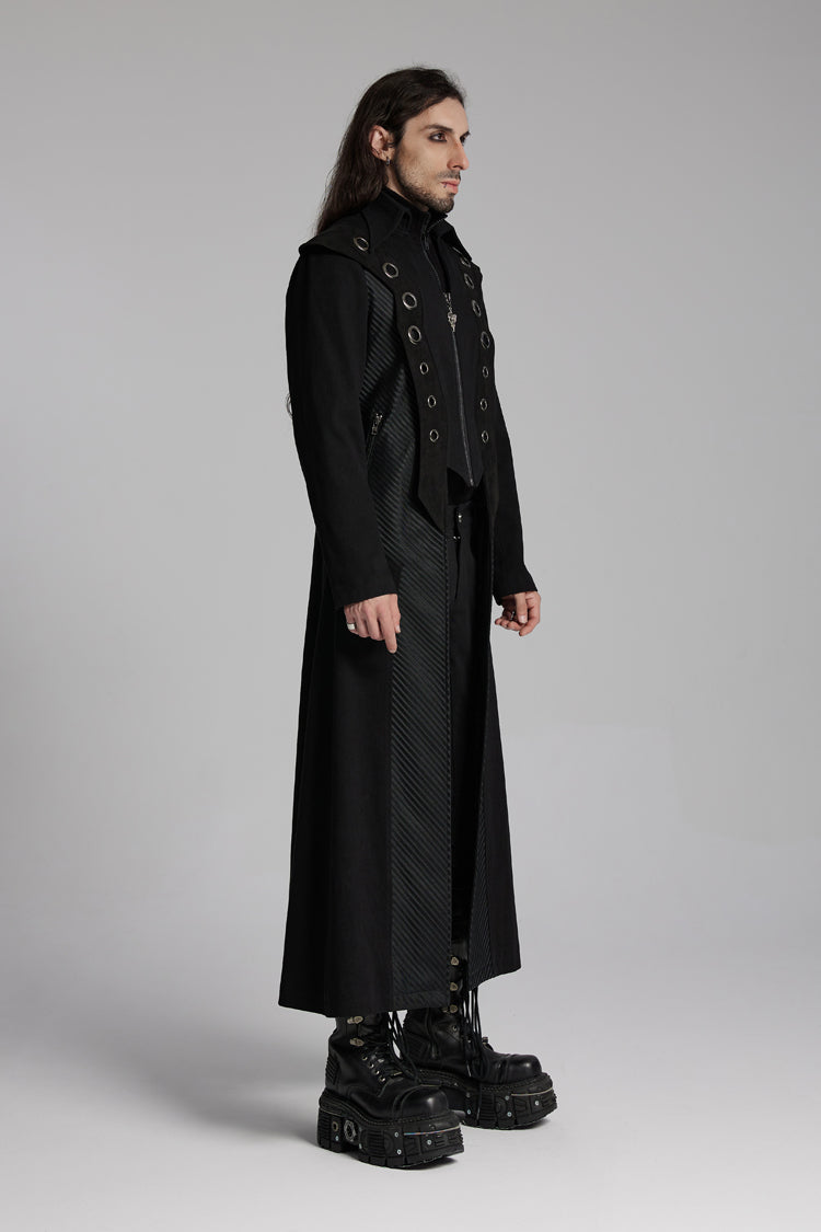 Noir Metallic Ring Zip Long-Sleeve Punk Overcoat for Men