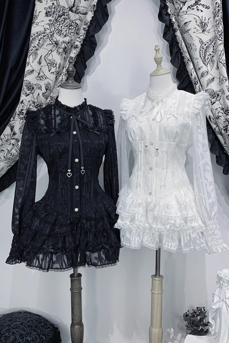 Triple-Layered Multi-Layered Jacquard Ruffled Lace-Up Gothic Jirai Kei Blouse and Pumpkin Shorts Set