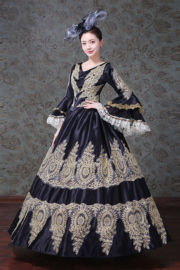 Black Hollow Embroidery Victorian Gown - High Waisted Trumpet Sleeves