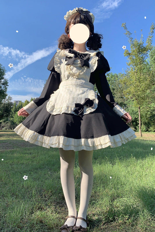 Black/White Maid Long Sleeve Bow Accent Sweet Short Lolita Dress
