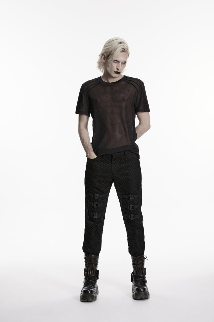 Noir Punk Pants with Buckle Straps and Mesh Detailing