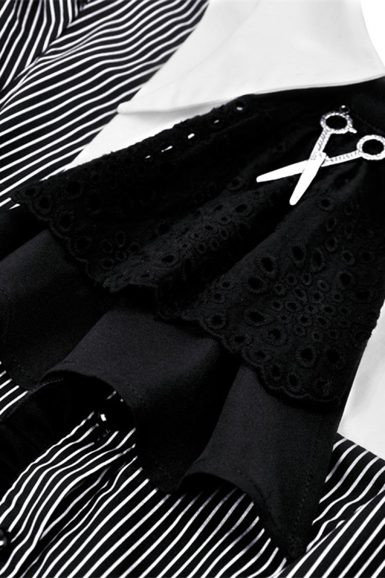 Black/White Notch Collar Puff Sleeve Gothic Striped Preppy Dress