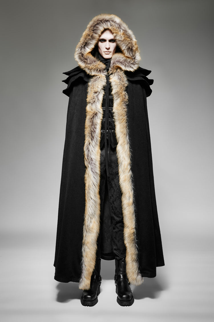 Men's Gothic Coat Cloak with Hooded Fur Collar Wool Long Design
