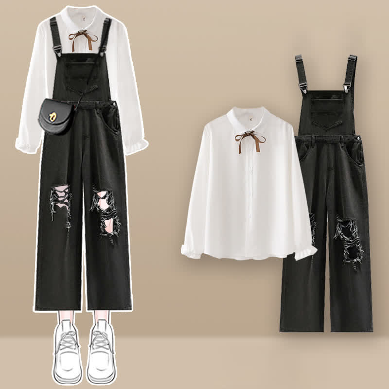 Bow Knot Lapel Shirt Ripped Denim Overalls Set