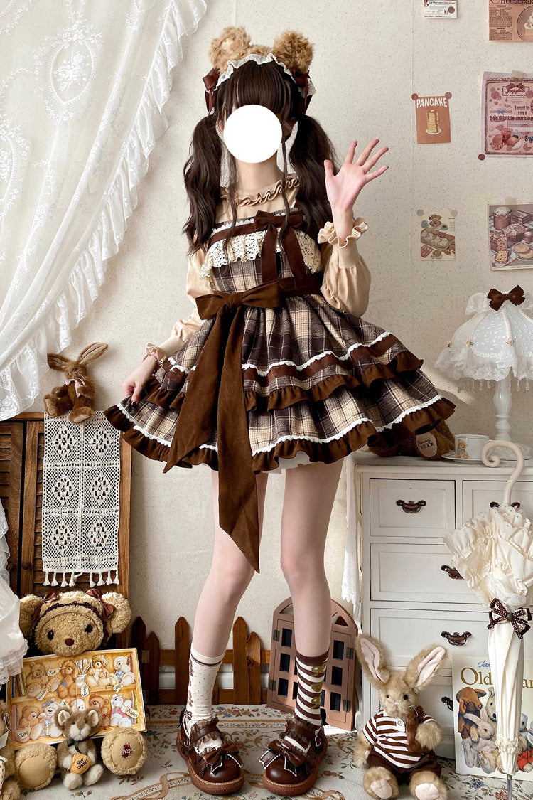 Brown Caramel Cocoa Double-Layered Print Ruffle Bow Sweet Lolita Jsk