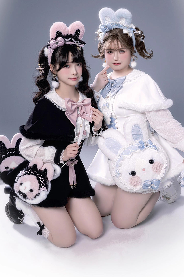 Ivory Ruffled Bow Lace-Up Japanese Dark Jirai Kei Plush Set